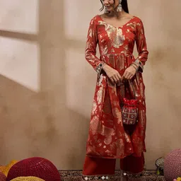 MABISH by Sonal Jain V-Neck Ethnic Motifs Woven Design Mirror Work Kurta with Palazzos image 5