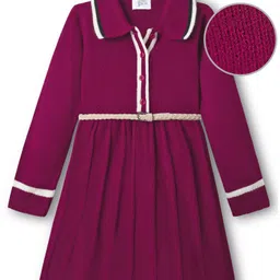 Hola Bonita Knitted Full Sleeves Textured Fabric Sweater Dress With Belt - Plum image 2