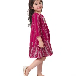 Babyhug Woven Sleeveless Ethnic Dress with Full Sleeves Embroidered & Sequined Border Jacket - Fuchsia image 3