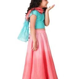 Fabindia Kids Blue & Pink Printed Lehenga, Choli with Dupatta image 4
