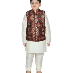 SG Yuvraj Kids Brown & White Printed Full Sleeves Kurta Set-picture-22