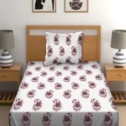 BELLA CASA Cuddle Floral White & Pink 150 TC Cotton Single Bedsheet with 1 Pillow Cover-image-7