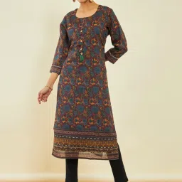 Soch Maroon Poly Cotton Kalamkari Print Straight Kurta image 4