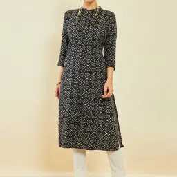 Soch Black Rayon Ikat Print Straight Kurta with Princess Seam image 4