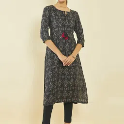 Soch Black Rayon Geometric Print Kurta with Tasselled Neck Tie-Up image 4