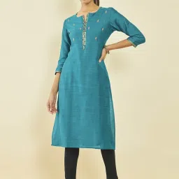 Soch Teal Silk Blend Embroidered Straight Kurta with Notched Neckline image 4