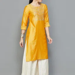 Melange by Lifestyle Yellow Embroidered Straight Kurta image 4