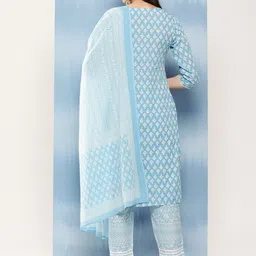 Yufta Women Blue Ethnic Motifs Printed Regular Thread Work Pure Cotton Kurta with Trousers & With Dupatta image 4
