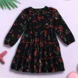 Bella Moda Girls Black Cotton Three Fourth Balloon Sleeves Floral Printed Dress-picture-34
