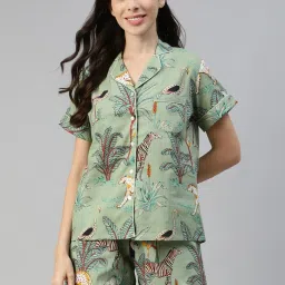 Divena Green Cotton Printed Shirt & Shorts Set image 1