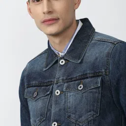 Peter England Jeans Navy Blue Cotton Regular Fit Denim Jacket image 4