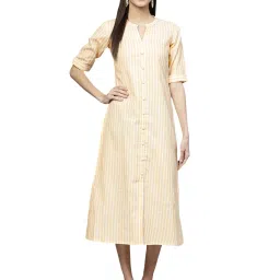 gerua by libas Libas Yellow & White Cotton Striped A-Line Dress image 1