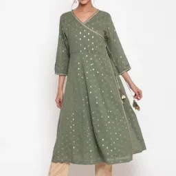 savi india Savi Olive Green Cotton Anarkali Embellished Kurta kurtis-picture-17