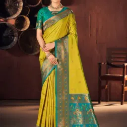 Saree Mall Green & Blue Woven Saree With Unstitched Blouse-image-34