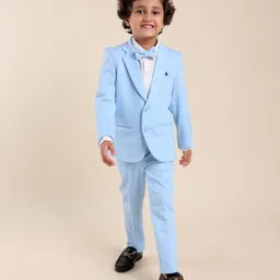 Babyhug Woven Full Sleeves Solid Stretch Fit Party Suit with Bow Tie - Sky Blue-picture-25