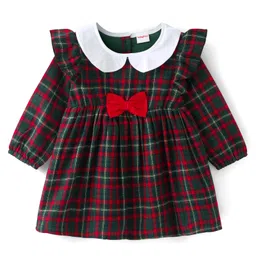 Babyhug Cotton Woven Full Sleeves Checked Frock with Ruffle Detailing & Bow Applique - Green-image-22