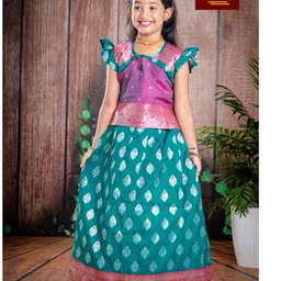 Bhartiya Paridhan Silk Woven Frill Sleeves Printed Choli Lehenga Set - Turquoise & Pink-image-86