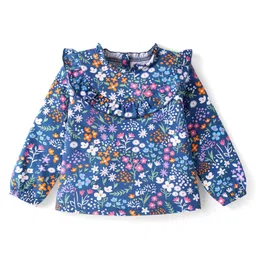 Babyhug Cotton Knit Full Sleeves A Line Floral Printed Top with Frill Detailing - Navy Blue-picture-11