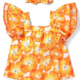 Babyhug Rayon Woven Half Frill Sleeves Top with Headband & Floral Print - Orange-picture-17