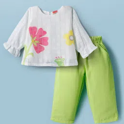 Tweetoons Woven Full Sleeves Top and Trouser Set With Floral Print - Light Green-image-17