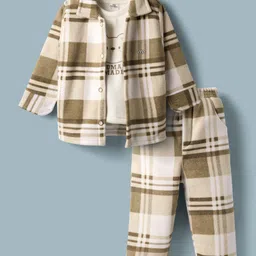 Mom's pet Fleece Knit Full Sleeves Checked Shirt & Pant Set With Tee - Brown-picture-15