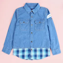 Kiddopanti Denim Woven Full Sleevess Placement Checked Shirt - Light Blue-picture-21
