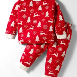 Ollypop Interlock Knit Full Sleeves Co-ords Night Suit With Tree Print - Red-picture-23