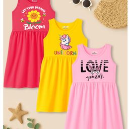 KUCHIPOO Cotton Blend Knit Pack Of 3 Sleeveless Floral & Unicorn Printed Dresses - Pink Yellow & Magenta-picture-46