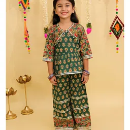 AJ Dezines Cotton Woven Navratri Theme Three Fourth Sleeves Floral Printed & Gota Lace Embellished Top & Palazzo Set - Green-picture-36