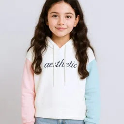 Bubble Berry Knit Full Sleeves Colour Blocked & Aesthetic Text Printed Hooded Oversized Winter Sweatshirt - White Pink & Sky Blue-picture-26