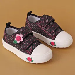 Cute Walk by Babyhug Polka Dots Printed Casual Shoes with Velcro Closure & Floral Applique - Black image 2