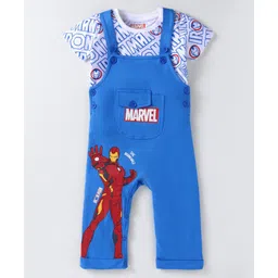 Babyhug Marvel Single Jersey Knit Half Sleeves T-Shirt & Dungaree with Text & Avenger Graphics - Blue image 2