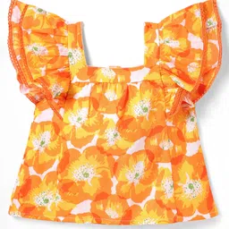 Babyhug Rayon Woven Half Frill Sleeves Top with Headband & Floral Print - Orange image 2