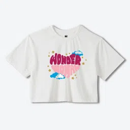 YK Warner Bros Girls Wonder Woman Printed Pure Cotton Applique Boxy T-shirt-image-72