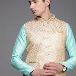 Manyavar Cream-Coloured Woven Design Nehru Jacket image 1