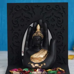 eCraftIndia Black & Golden Polyresin Palm Buddha Showpiece with Fragnanced Petals and Tealight image 4