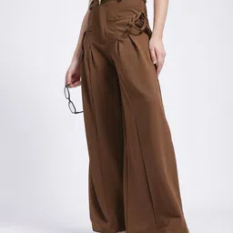 glitchez Women Effortless Fit Pleated Tie-Up Flare Trousers-image-4