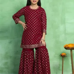 Fashion Dream Girls Maroon Printed Kurta and Sharara-image-88