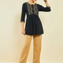 Soch Navy Blue Rayon Floral Embroidered Round-Neck Tunic with Vented Hemline image 4