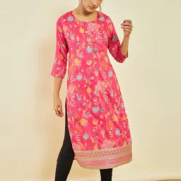 Soch Pink Muslin Floral Print and Embroidered Round-Neck Straight Kurta image 4