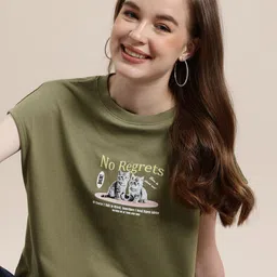 HERE&NOW Women Printed Extended Sleeves Pure Cotton T-shirt-picture-17
