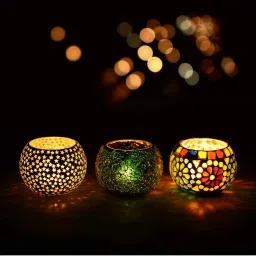 eCraftIndia Set of 3 Mosiac Glass Decorative Tea Light Holder/Diya image 1