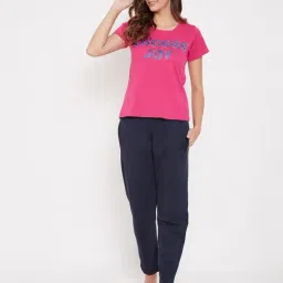 Clovia Pink & Navy Graphic Print T-Shirt With Pyjamas-picture-19