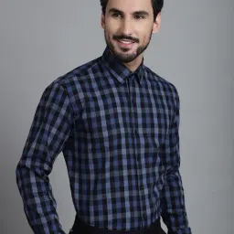 Indian Needle Navy Cotton Regular Fit Checks Shirt image 4