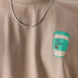 The Souled Store TSS Originals: Sanity In A Cup Dark Beige Loose Fit Printed Oversized Crew T-Shirt image 4