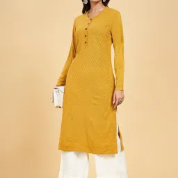 Rangmanch by Pantaloons Mustard Woven Pattern Straight Kurta image 4