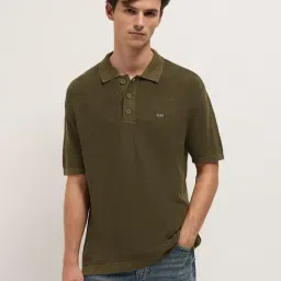The Bear House Olive Blended Relaxed Fit Solid Polo T-Shirt-picture-24