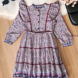 Bella Moda Girls Multicolor Cotton Three Fourth Sleeves Floral Printed Dress-picture-34