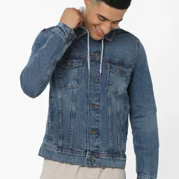 celio Celio* Blue Cotton Regular Fit Hooded Denim Jackets image 1