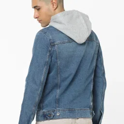 celio Celio* Blue Cotton Regular Fit Hooded Denim Jackets image 2
